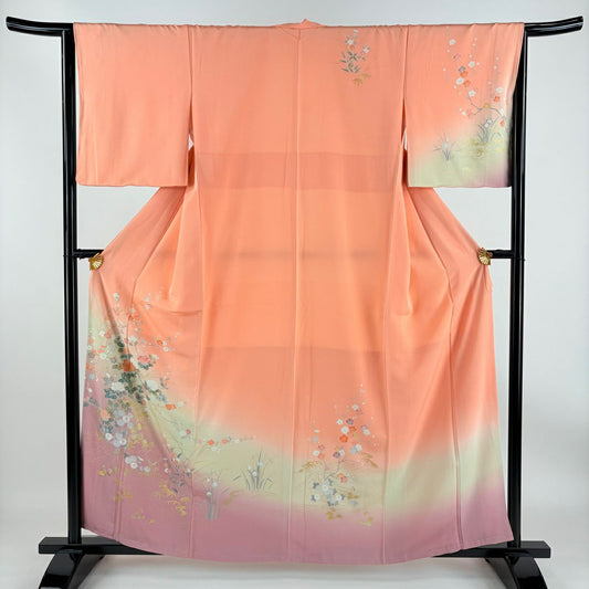 【庫存清倉】訪問服 身長160.5cm 袖長64.5cm M 雙層 草花紋紋 枝梅花 金線 漸層 橙色 純蠶絲 優品級