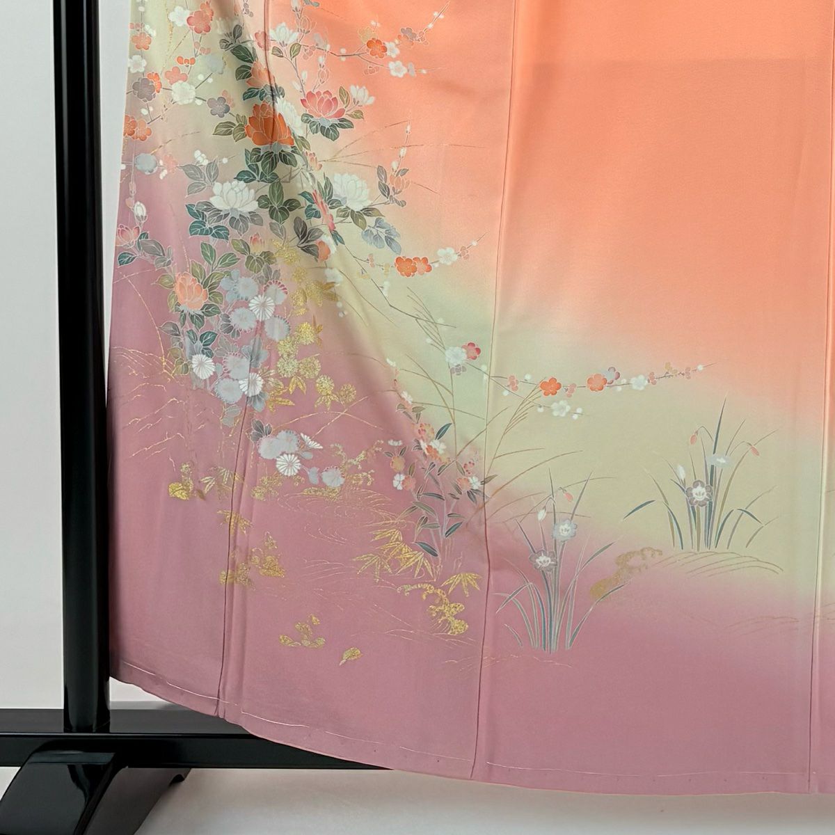 【庫存清倉】訪問服 身長160.5cm 袖長64.5cm M 雙層 草花紋紋 枝梅花 金線 漸層 橙色 純蠶絲 優品級