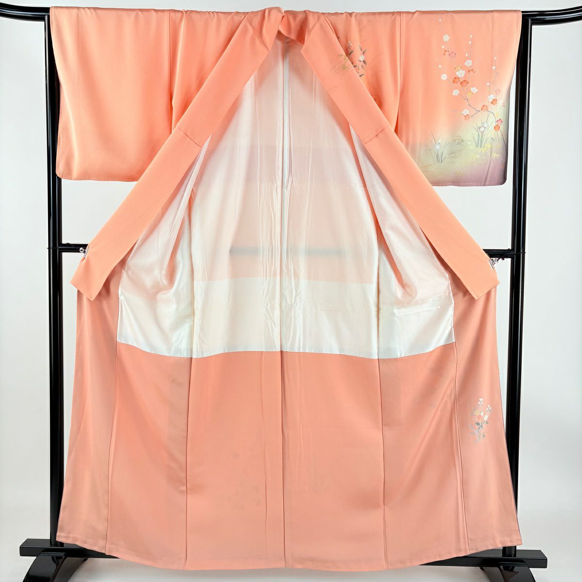 【庫存清倉】訪問服 身長160.5cm 袖長64.5cm M 雙層 草花紋紋 枝梅花 金線 漸層 橙色 純蠶絲 優品級