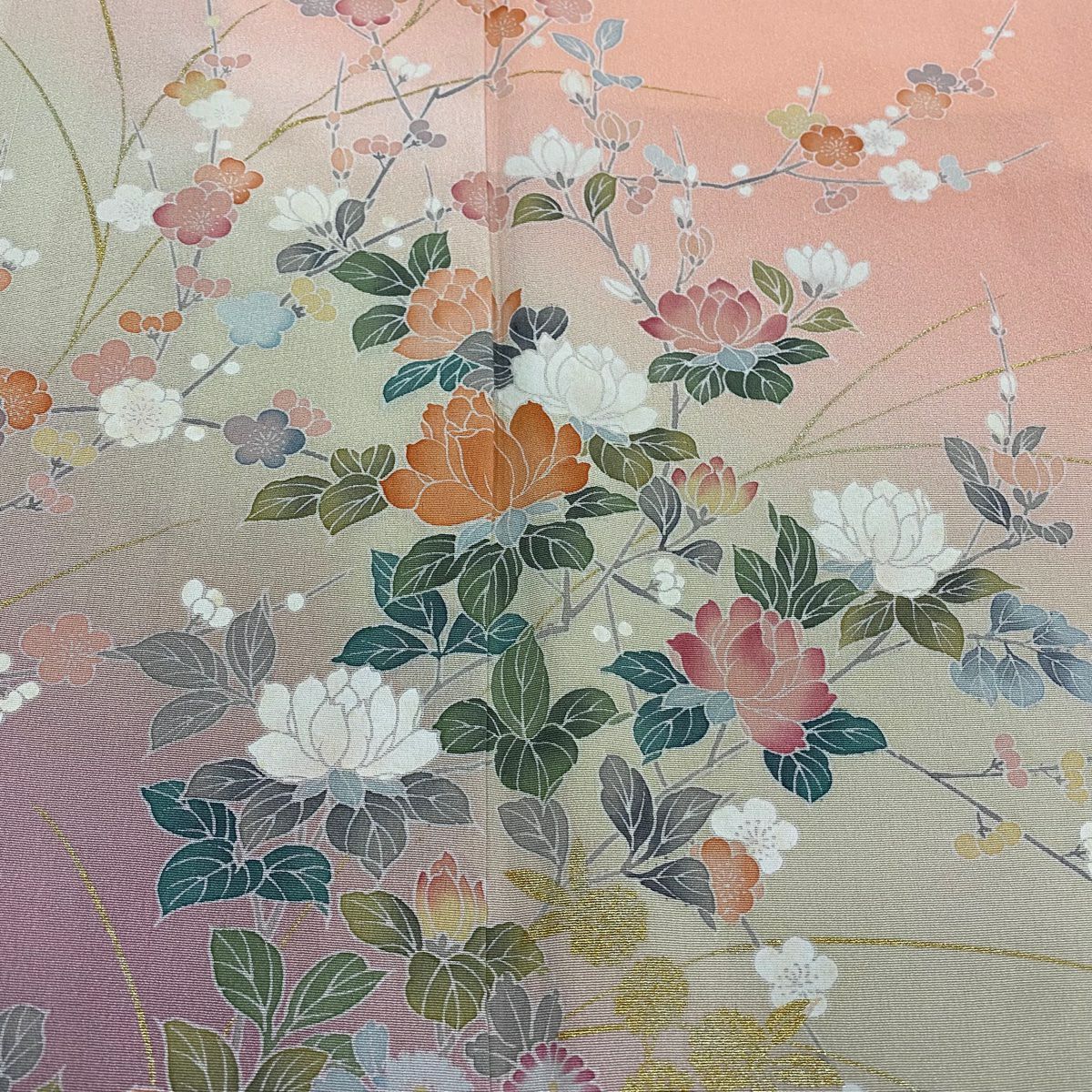 【庫存清倉】訪問服 身長160.5cm 袖長64.5cm M 雙層 草花紋紋 枝梅花 金線 漸層 橙色 純蠶絲 優品級