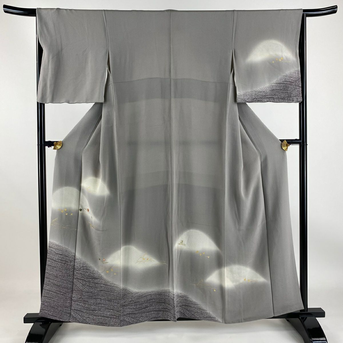 【庫存清倉】訪問服 身長156.5cm 袖長65.5cm M 雙層 吹寄 波 刺繡 金線 灰色 純蠶絲 優品級