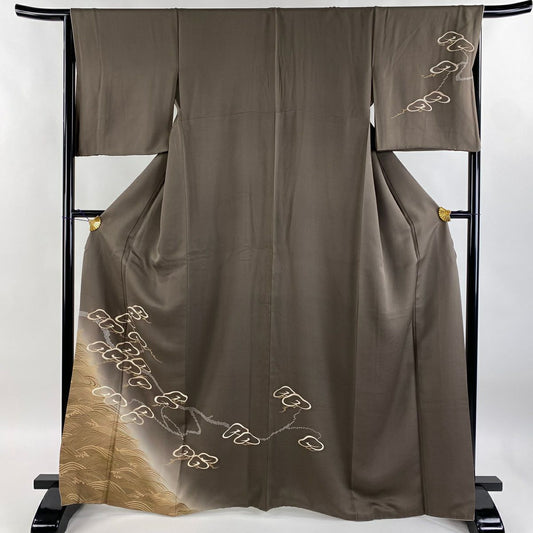【庫存清倉】訪問服 身長164cm 袖長64.5cm M 雙層 笠松樹 波頭 金銀彩 漸層 灰茶 純蠶絲 優品級