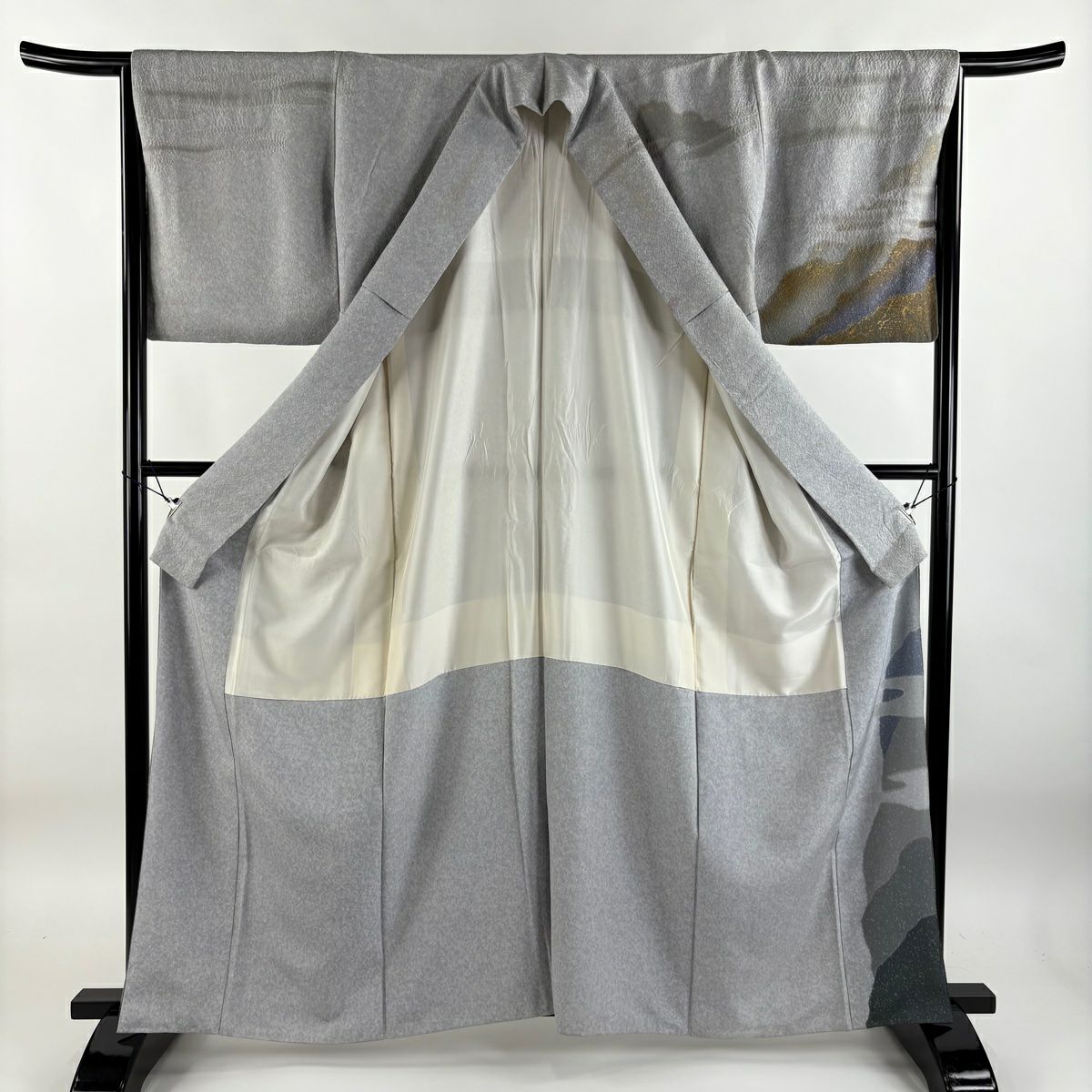 【庫存清倉】訪問服 身長162cm 袖長65.5cm M 雙層 翠山工房 有落款 霞 金銀彩 漸層 青灰色 純蠶絲 優品級