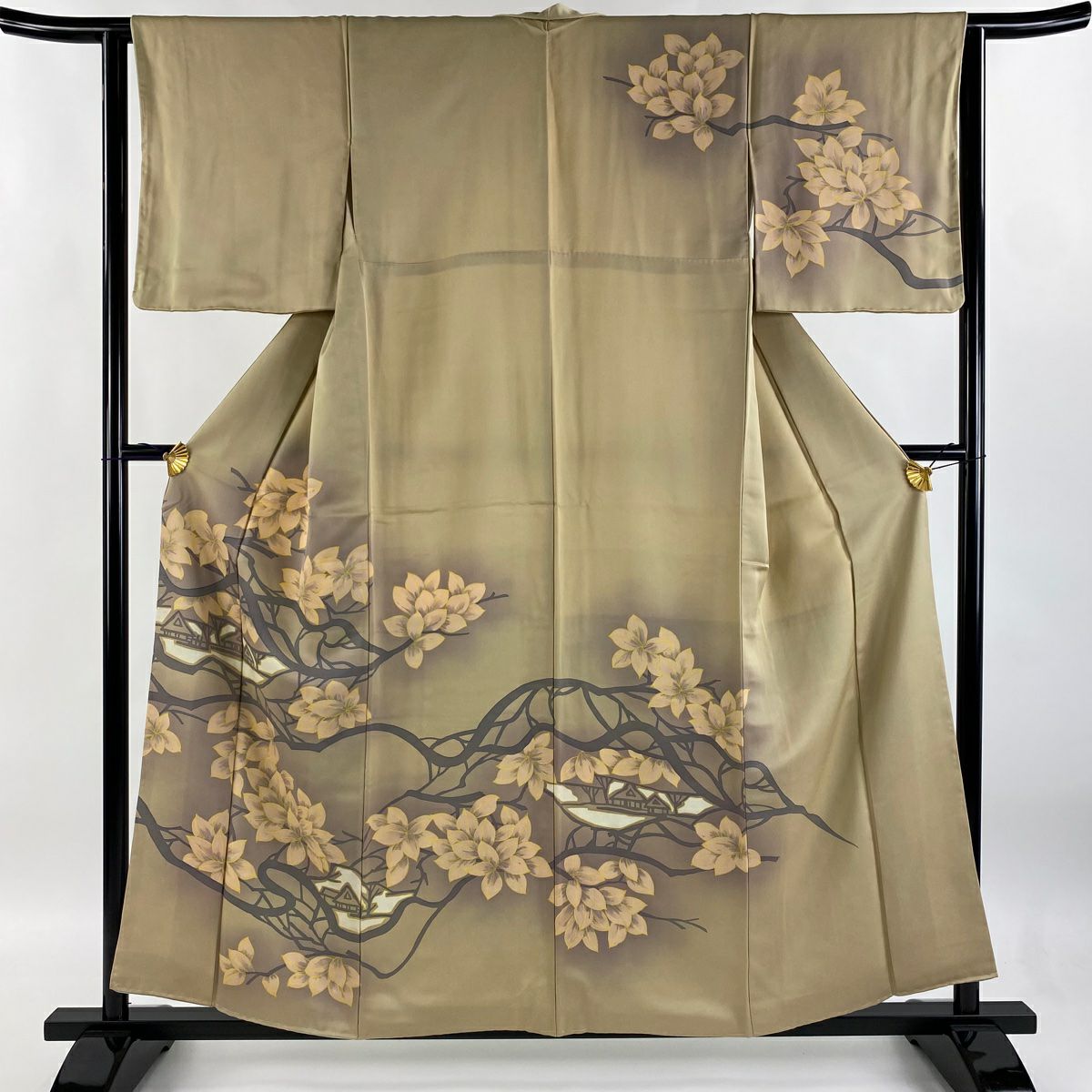 【庫存清倉】訪問服 身長157.5cm 袖長63cm S 雙層 枝花 建物 漸層 薄茶 純蠶絲 優品級