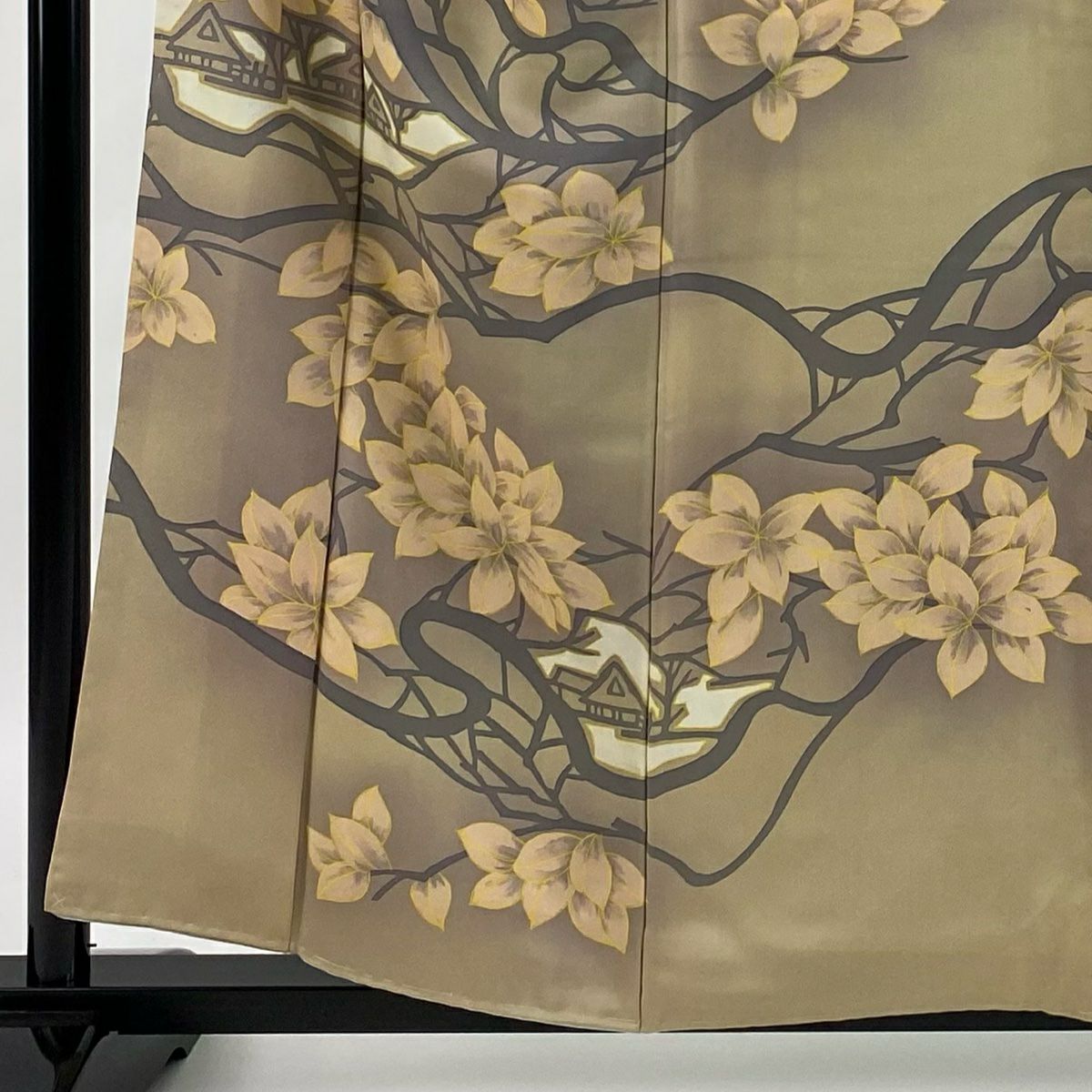 【庫存清倉】訪問服 身長157.5cm 袖長63cm S 雙層 枝花 建物 漸層 薄茶 純蠶絲 優品級