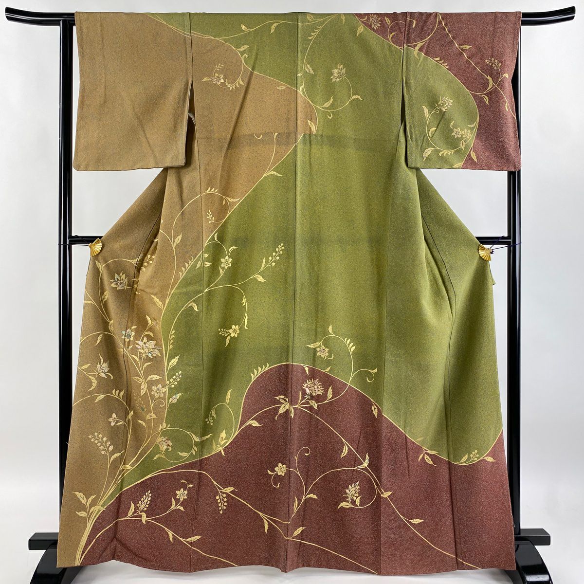 【庫存清倉】訪問服 身長165cm 袖長63.5cm S 雙層 花唐草紋 染分 金彩裝飾 茶 純蠶絲 優品級