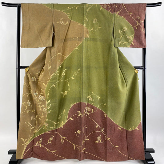 【庫存清倉】訪問服 身長165cm 袖長63.5cm S 雙層 花唐草紋 染分 金彩裝飾 茶 純蠶絲 優品級