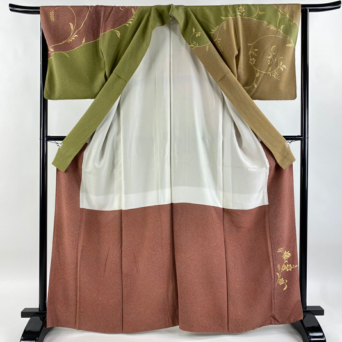 【庫存清倉】訪問服 身長165cm 袖長63.5cm S 雙層 花唐草紋 染分 金彩裝飾 茶 純蠶絲 優品級