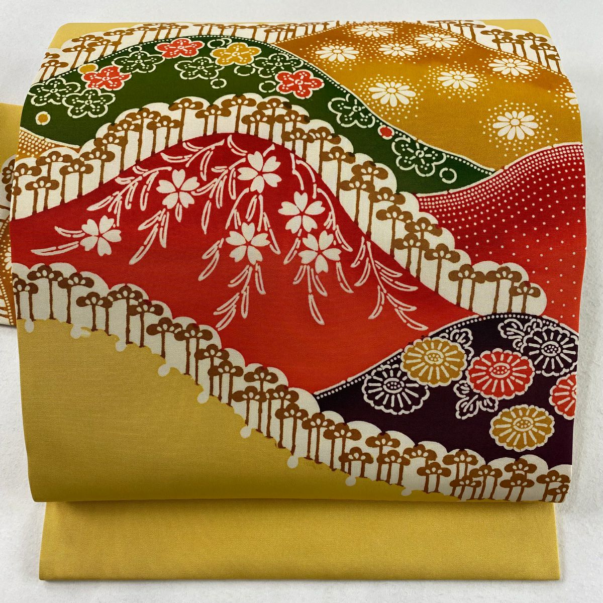 【庫存清倉】 名古屋帶 優品級 山脈 枝垂櫻 紅 純蠶絲