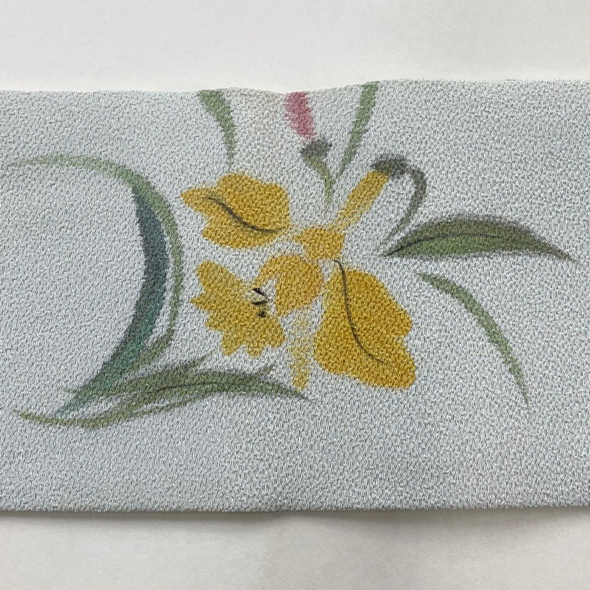 【庫存清倉】 名古屋帶 優品級 草花紋紋 金銀彩 縮緬 水色 純蠶絲