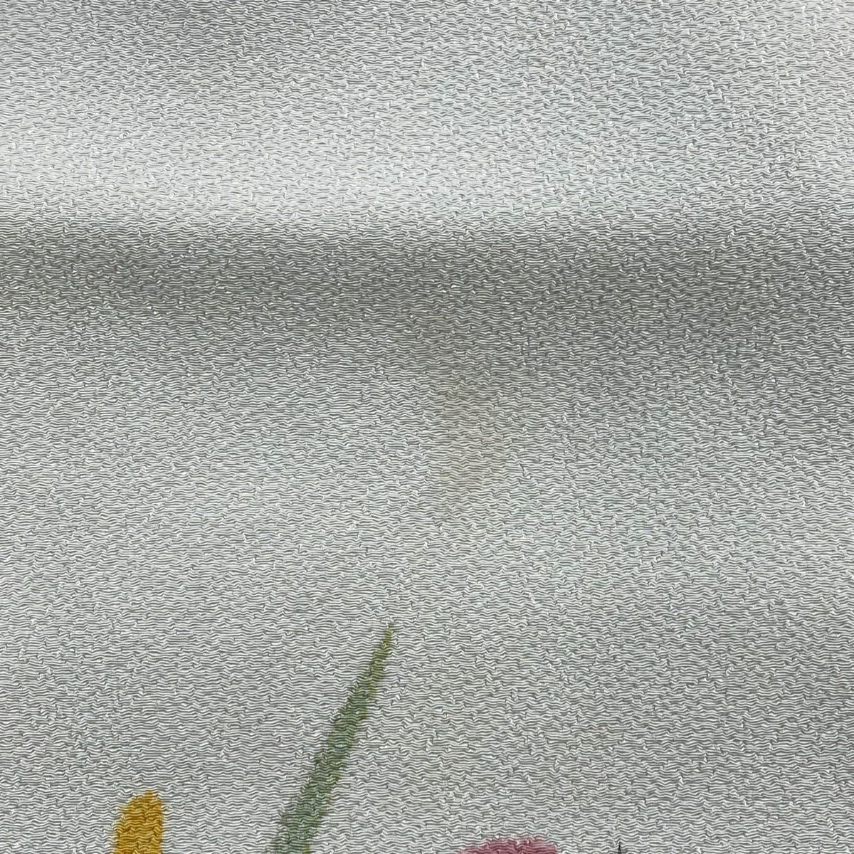 【庫存清倉】 名古屋帶 優品級 草花紋紋 金銀彩 縮緬 水色 純蠶絲
