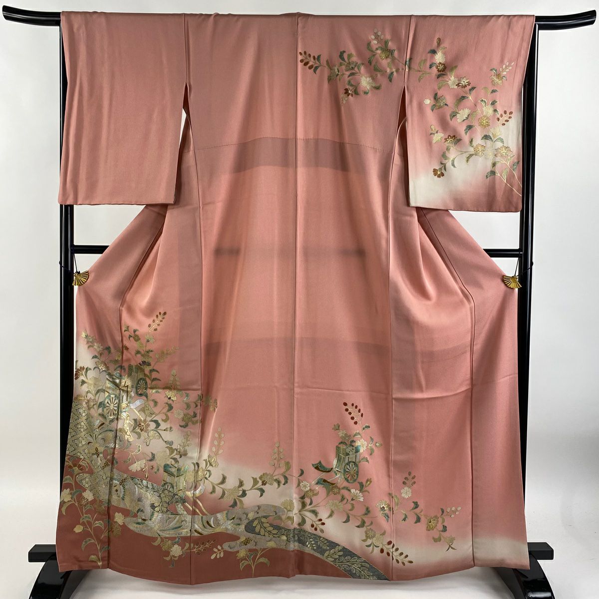 【庫存清倉】訪問服 身長164cm 袖長65cm M 雙層 御所車 草花紋紋 螺鈿 金銀彩 粉紅 純蠶絲 優品級 一個紋