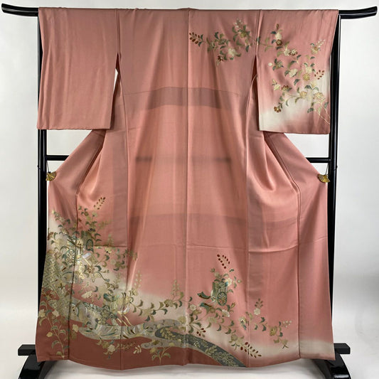 【庫存清倉】訪問服 身長164cm 袖長65cm M 雙層 御所車 草花紋紋 螺鈿 金銀彩 粉紅 純蠶絲 優品級 一個紋
