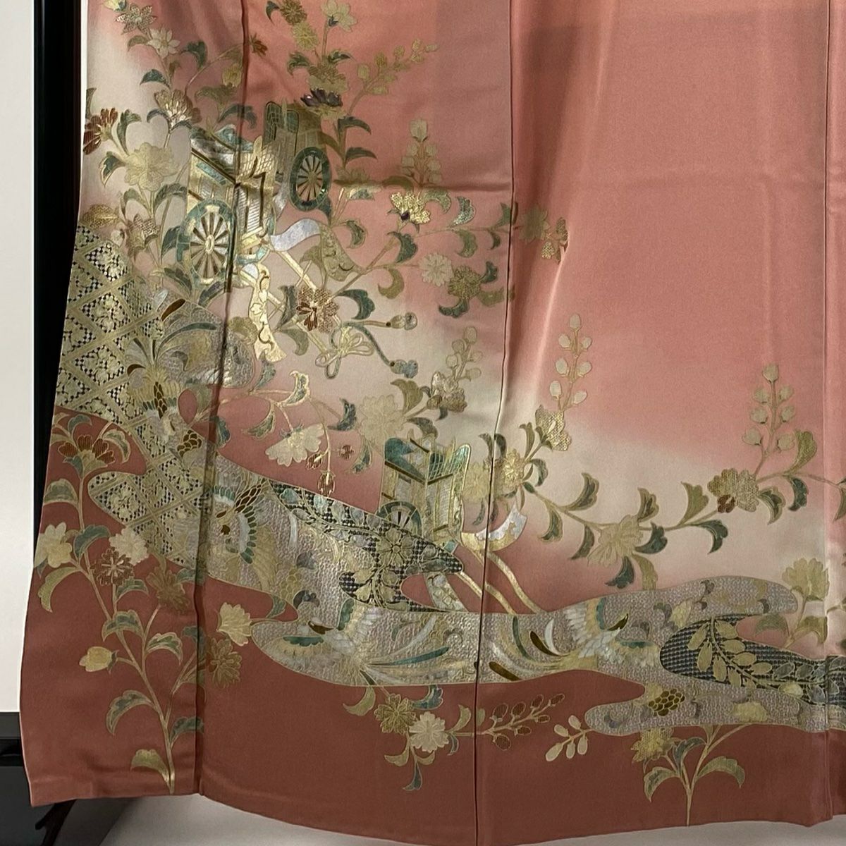 【庫存清倉】訪問服 身長164cm 袖長65cm M 雙層 御所車 草花紋紋 螺鈿 金銀彩 粉紅 純蠶絲 優品級 一個紋