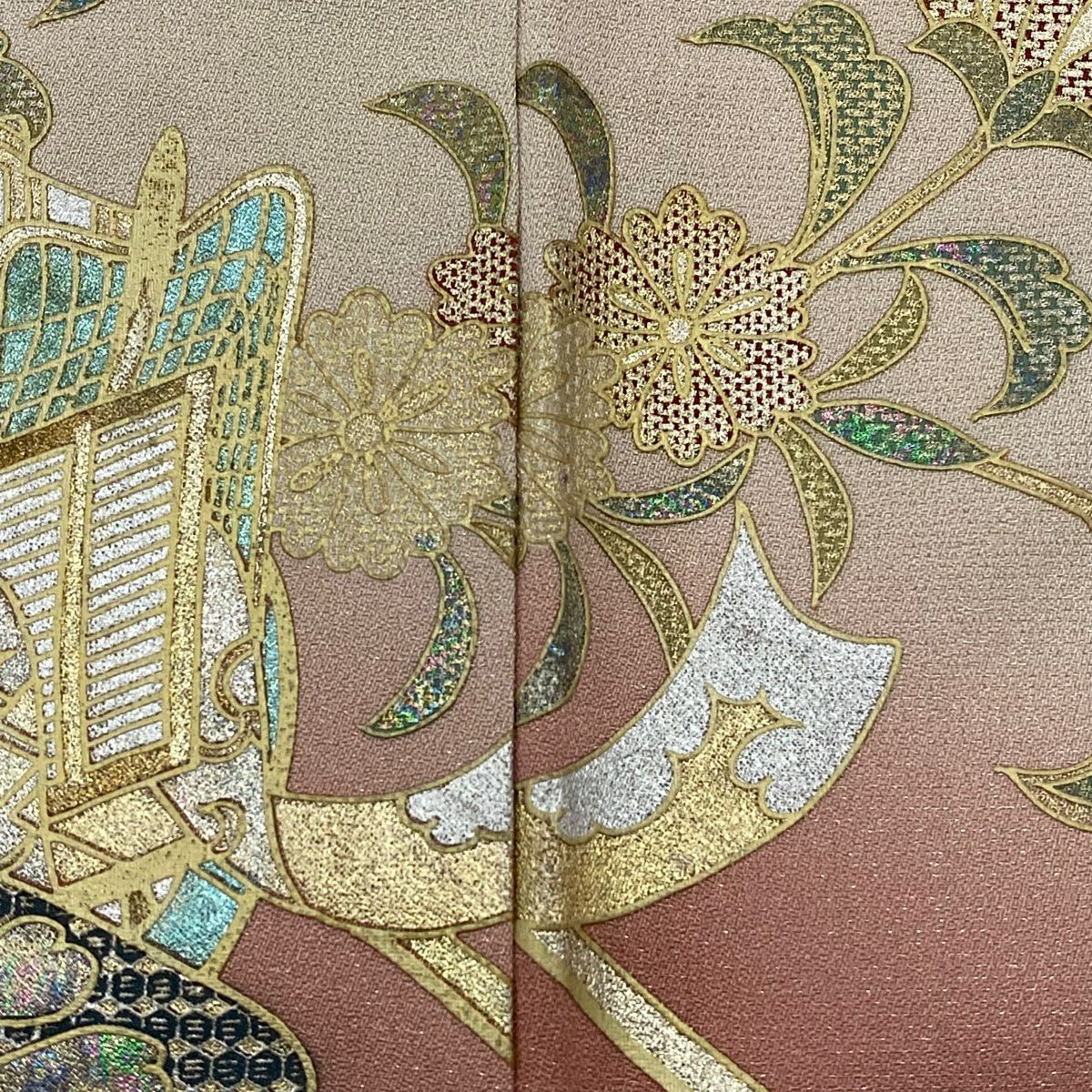 【庫存清倉】訪問服 身長164cm 袖長65cm M 雙層 御所車 草花紋紋 螺鈿 金銀彩 粉紅 純蠶絲 優品級 一個紋