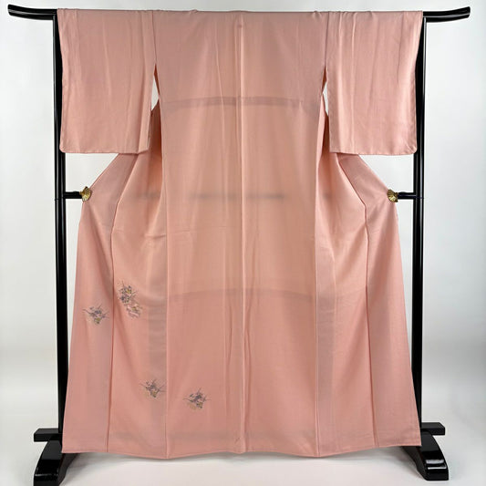 【庫存清倉】 付下 身長165.5cm 袖長65cm M 雙層 雪輪 草花紋刺繡 粉紅 純蠶絲 美品 秀品級 一個紋