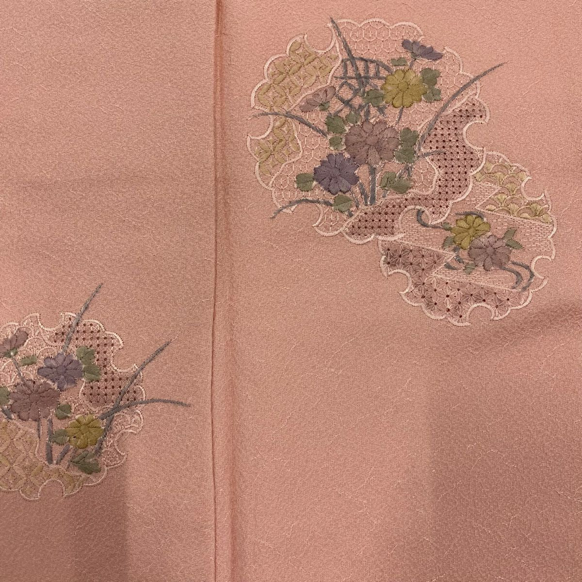 【庫存清倉】 付下 身長165.5cm 袖長65cm M 雙層 雪輪 草花紋刺繡 粉紅 純蠶絲 美品 秀品級 一個紋