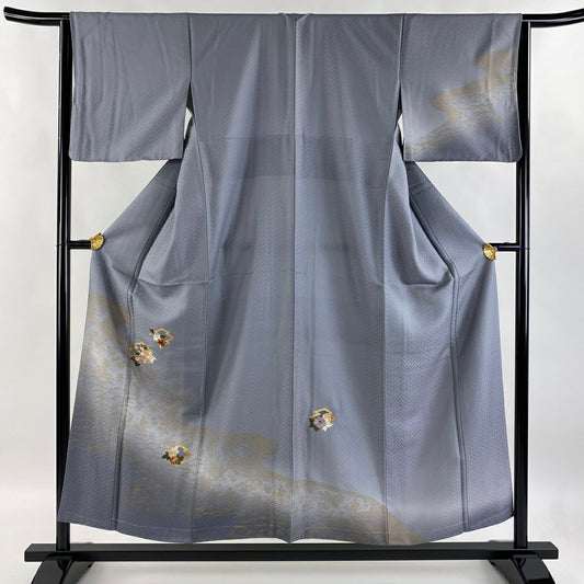 【庫存清倉】訪問服 身長153.5cm 袖長64cm M 雙層 牡丹 松樹皮菱 刺繡 金線 灰色 純蠶絲 優品級