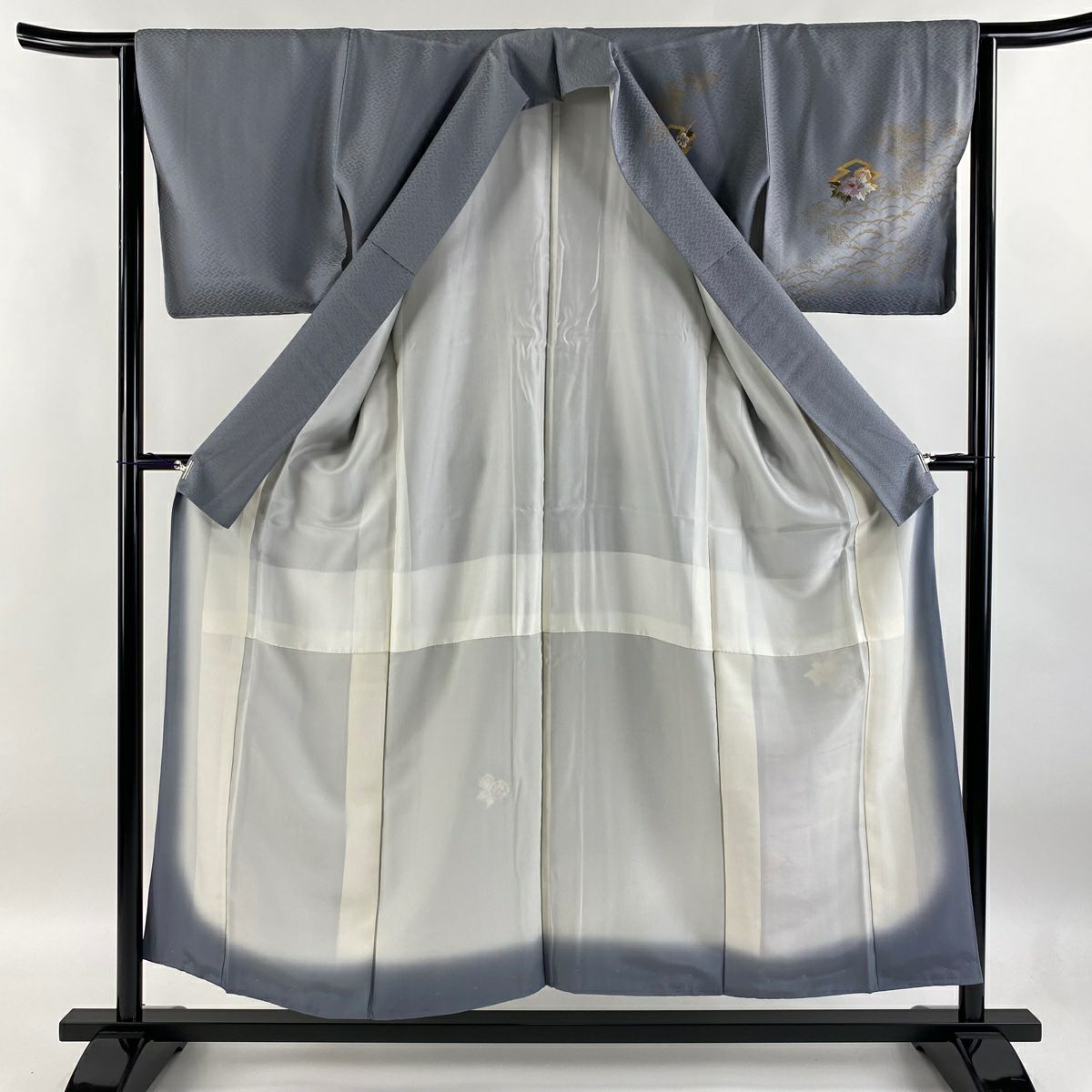 【庫存清倉】訪問服 身長153.5cm 袖長64cm M 雙層 牡丹 松樹皮菱 刺繡 金線 灰色 純蠶絲 優品級