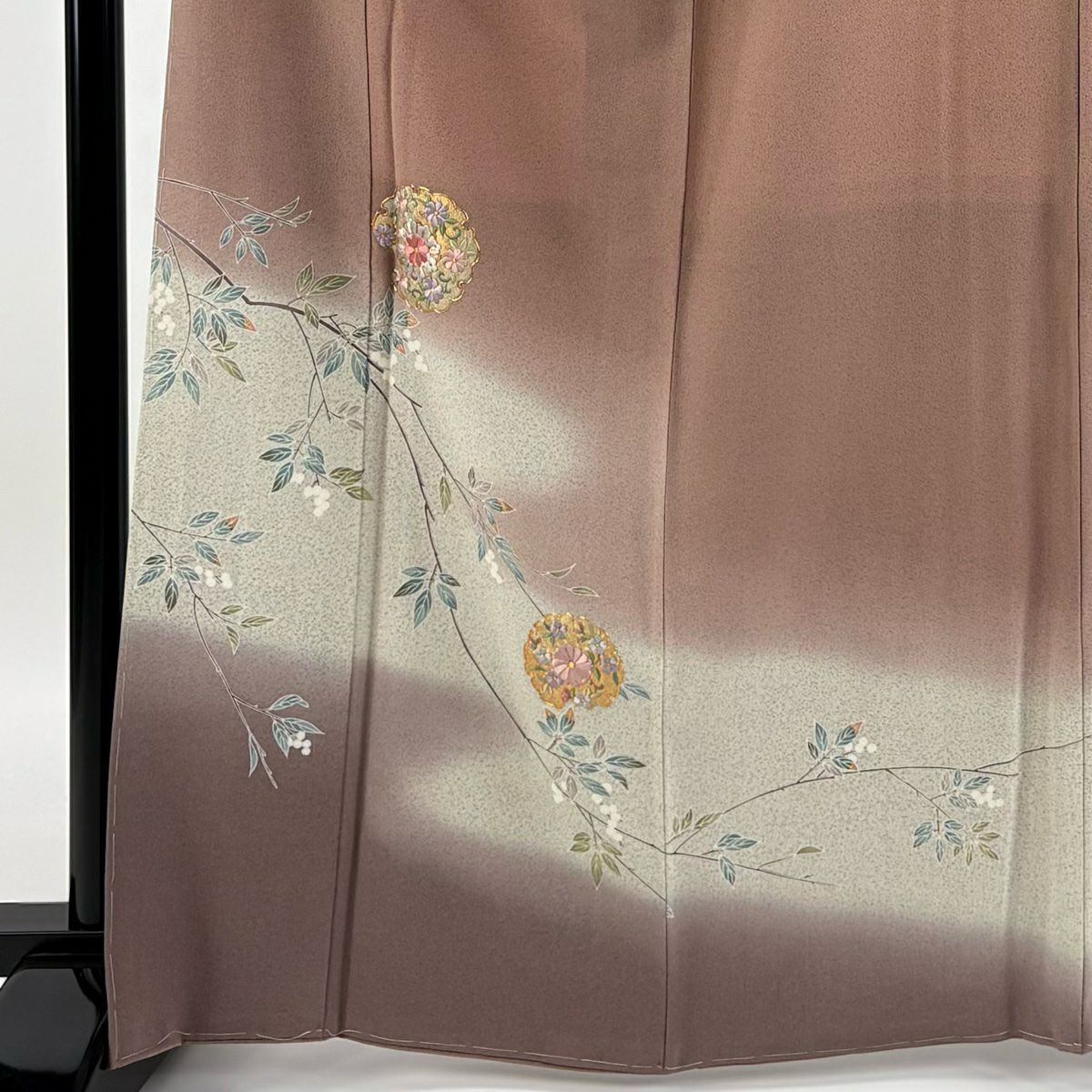 【庫存清倉】訪問服 身長164.5cm 袖長64cm M 雙層 雪輪 枝花 刺繡 金線 小豆色 純蠶絲 優品級