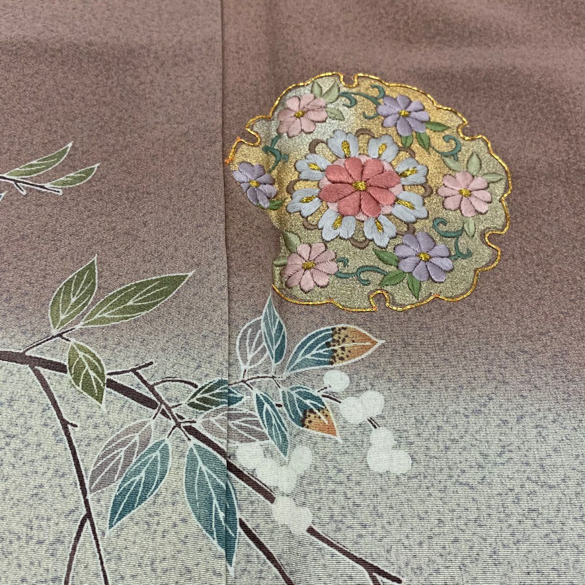 【庫存清倉】訪問服 身長164.5cm 袖長64cm M 雙層 雪輪 枝花 刺繡 金線 小豆色 純蠶絲 優品級