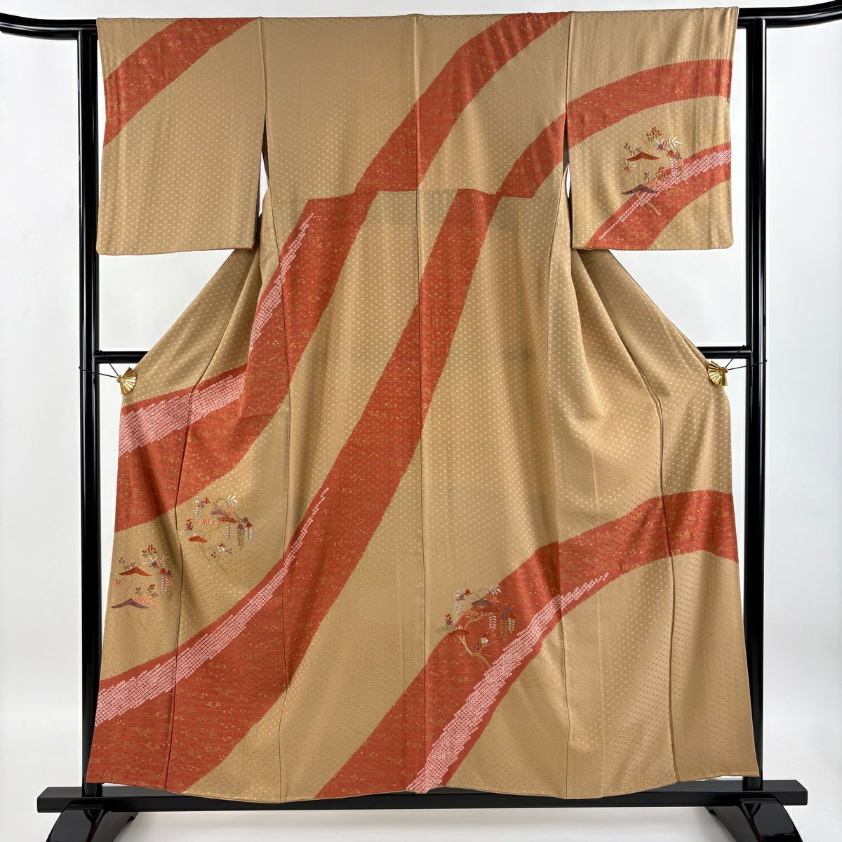 【庫存清倉】訪問服 身長156.5cm 袖長62cm S 雙層 草花紋紋 幾何學刺繡 絞染 淺茶 純蠶絲 優品級