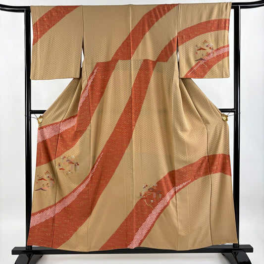 【庫存清倉】訪問服 身長156.5cm 袖長62cm S 雙層 草花紋紋 幾何學刺繡 絞染 淺茶 純蠶絲 優品級