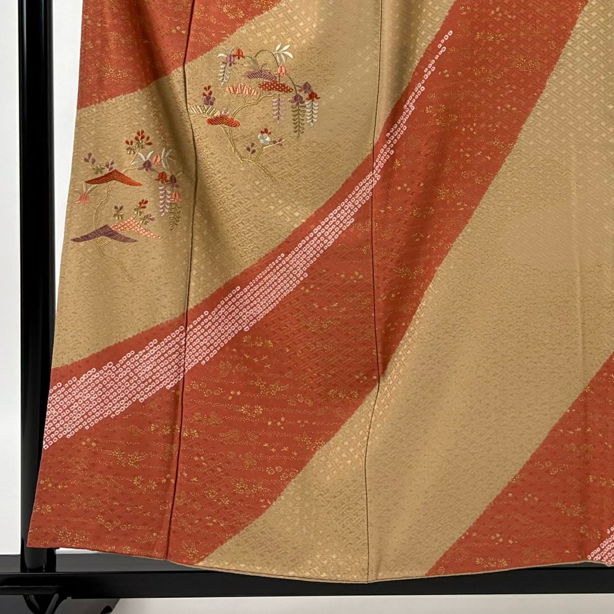 【庫存清倉】訪問服 身長156.5cm 袖長62cm S 雙層 草花紋紋 幾何學刺繡 絞染 淺茶 純蠶絲 優品級