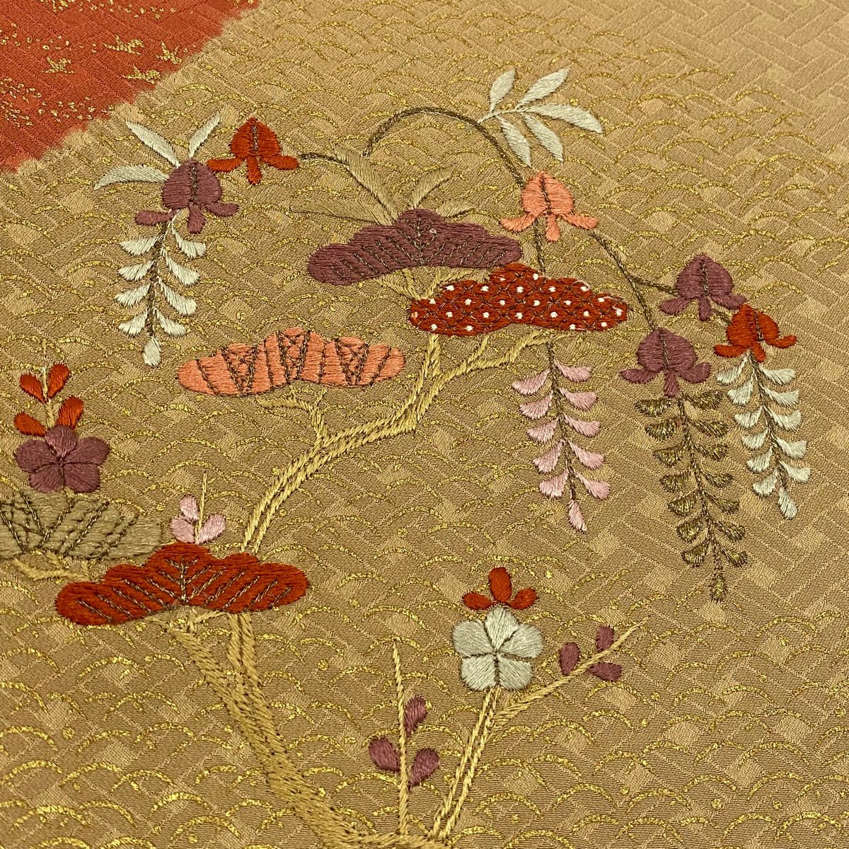 【庫存清倉】訪問服 身長156.5cm 袖長62cm S 雙層 草花紋紋 幾何學刺繡 絞染 淺茶 純蠶絲 優品級