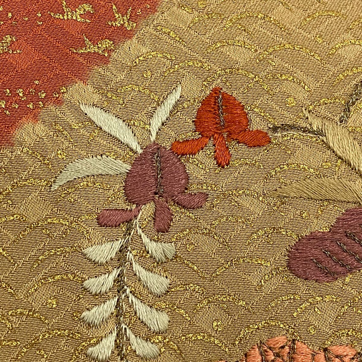 【庫存清倉】訪問服 身長156.5cm 袖長62cm S 雙層 草花紋紋 幾何學刺繡 絞染 淺茶 純蠶絲 優品級