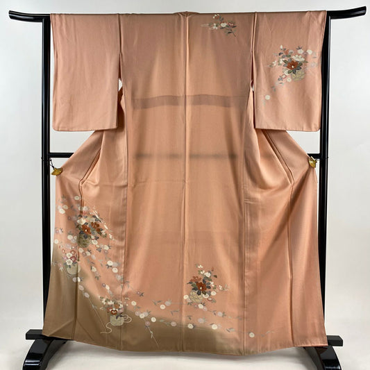 【庫存清倉】訪問服 身長164cm 袖長65cm M 雙層 花籠 椿 金銀彩 漸層 鮭粉色 純蠶絲 優品級