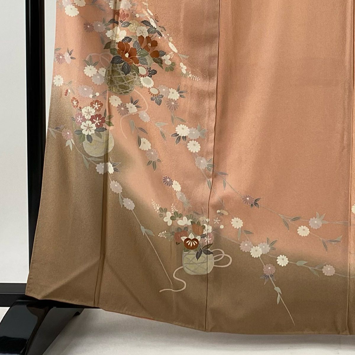 【庫存清倉】訪問服 身長164cm 袖長65cm M 雙層 花籠 椿 金銀彩 漸層 鮭粉色 純蠶絲 優品級