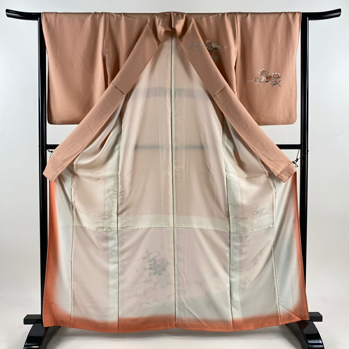 【庫存清倉】訪問服 身長164cm 袖長65cm M 雙層 花籠 椿 金銀彩 漸層 鮭粉色 純蠶絲 優品級