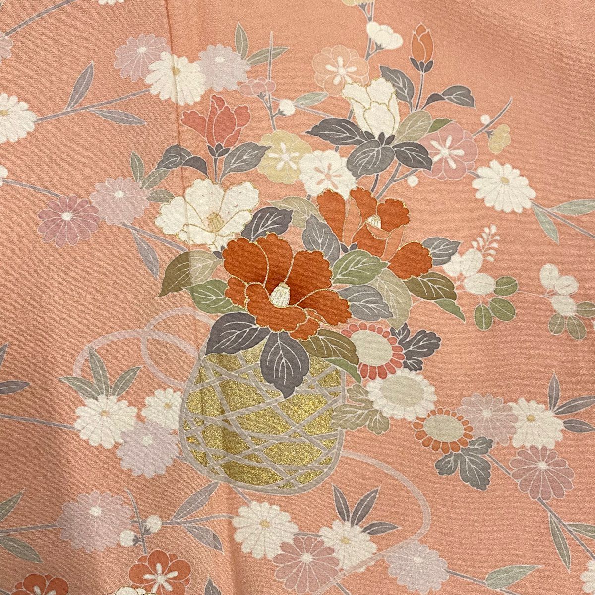 【庫存清倉】訪問服 身長164cm 袖長65cm M 雙層 花籠 椿 金銀彩 漸層 鮭粉色 純蠶絲 優品級