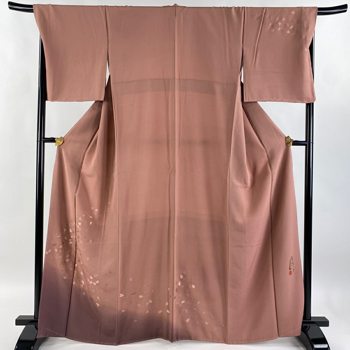 【庫存清倉】 付下 身長166cm 袖長68.5cm L 雙層 小篠綾子 落款 花瓣 葉紋 刺繡 金絲 粉色 純蠶絲 名品級