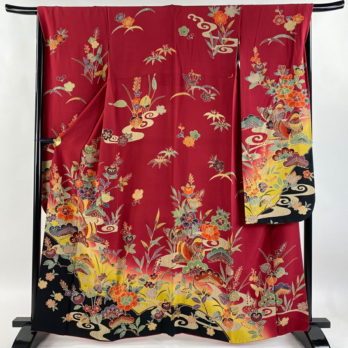 【清倉特賣】振袖禮服 身長162.5cm 袖長67cm M 雙層 鴛鴦 松樹梅花 漸層 絞織 紅紫 純蠶絲 名品級