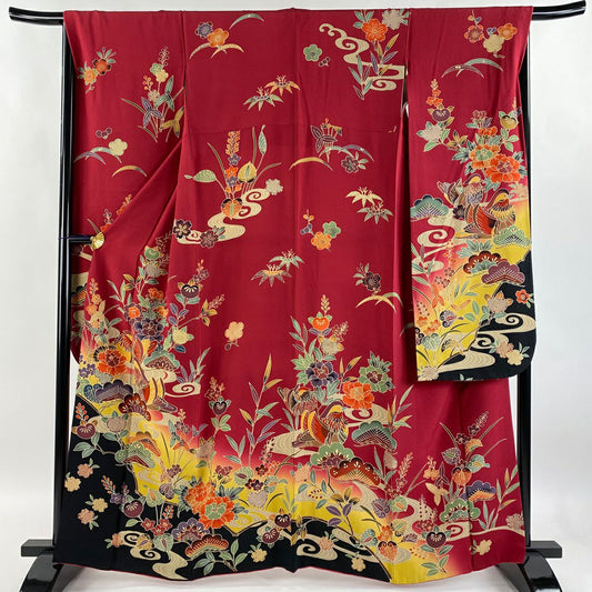 【清倉特賣】振袖禮服 身長162.5cm 袖長67cm M 雙層 鴛鴦 松樹梅花 漸層 絞織 紅紫 純蠶絲 名品級
