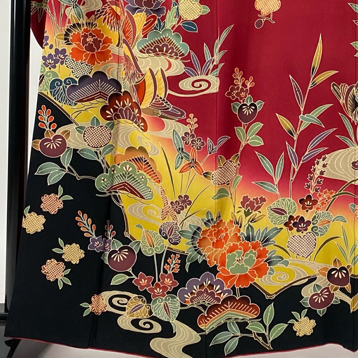 【清倉特賣】振袖禮服 身長162.5cm 袖長67cm M 雙層 鴛鴦 松樹梅花 漸層 絞織 紅紫 純蠶絲 名品級