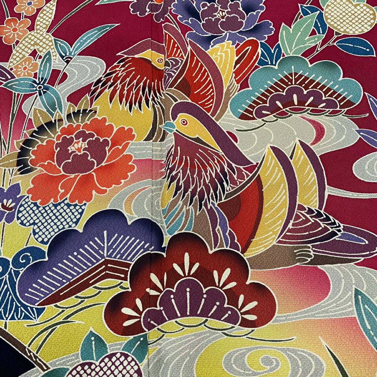 【清倉特賣】振袖禮服 身長162.5cm 袖長67cm M 雙層 鴛鴦 松樹梅花 漸層 絞織 紅紫 純蠶絲 名品級