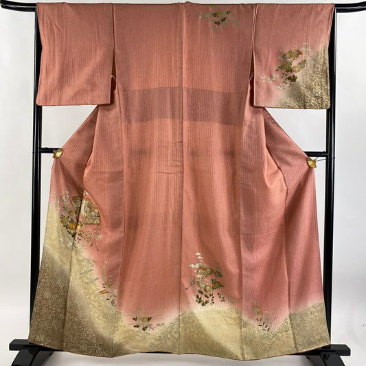 【庫存清倉】訪問服 身長158.5cm 袖長65cm M 雙層 扇子子 草花紋紋 金絲 金銀彩 粉紅 純蠶絲 優品級