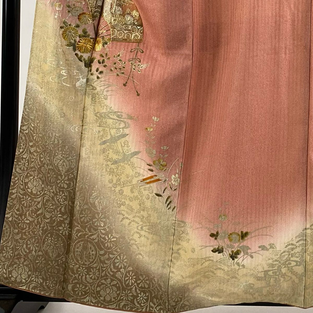 【庫存清倉】訪問服 身長158.5cm 袖長65cm M 雙層 扇子子 草花紋紋 金絲 金銀彩 粉紅 純蠶絲 優品級