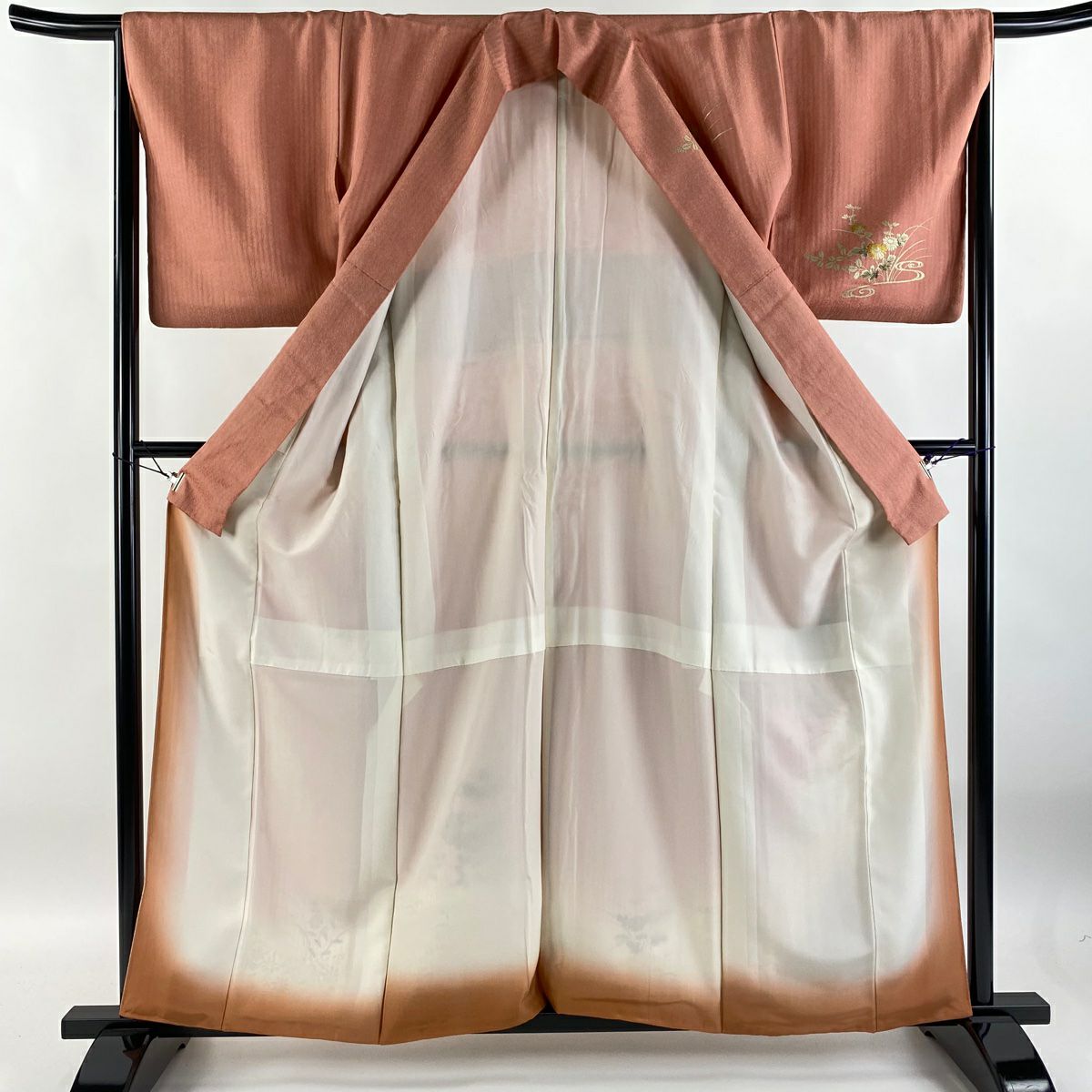 【庫存清倉】訪問服 身長158.5cm 袖長65cm M 雙層 扇子子 草花紋紋 金絲 金銀彩 粉紅 純蠶絲 優品級