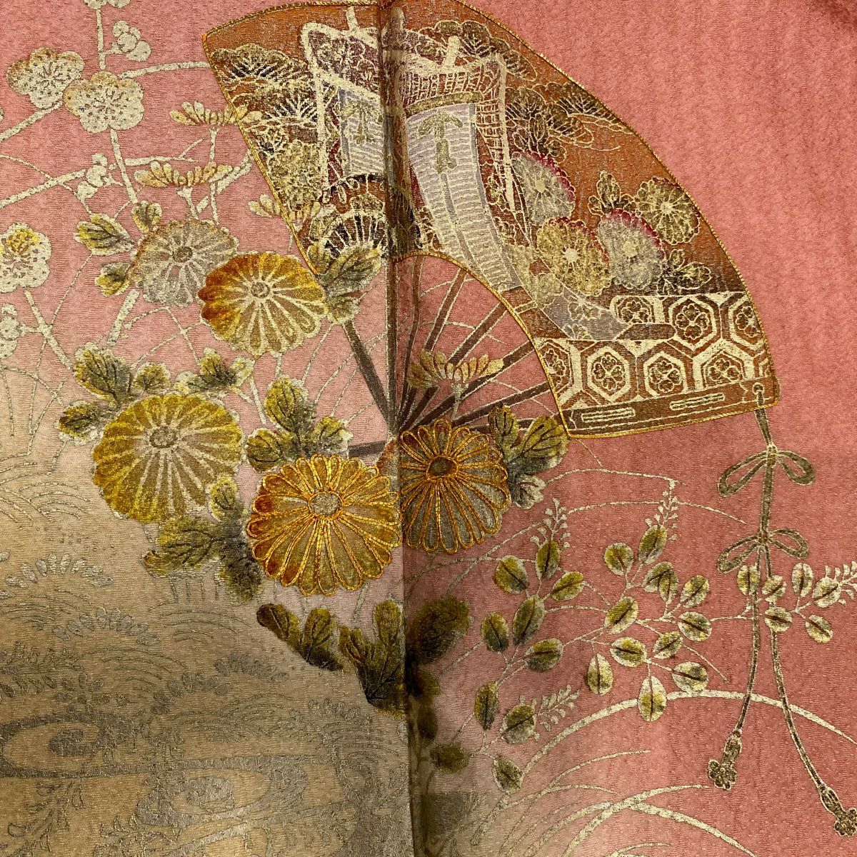【庫存清倉】訪問服 身長158.5cm 袖長65cm M 雙層 扇子子 草花紋紋 金絲 金銀彩 粉紅 純蠶絲 優品級