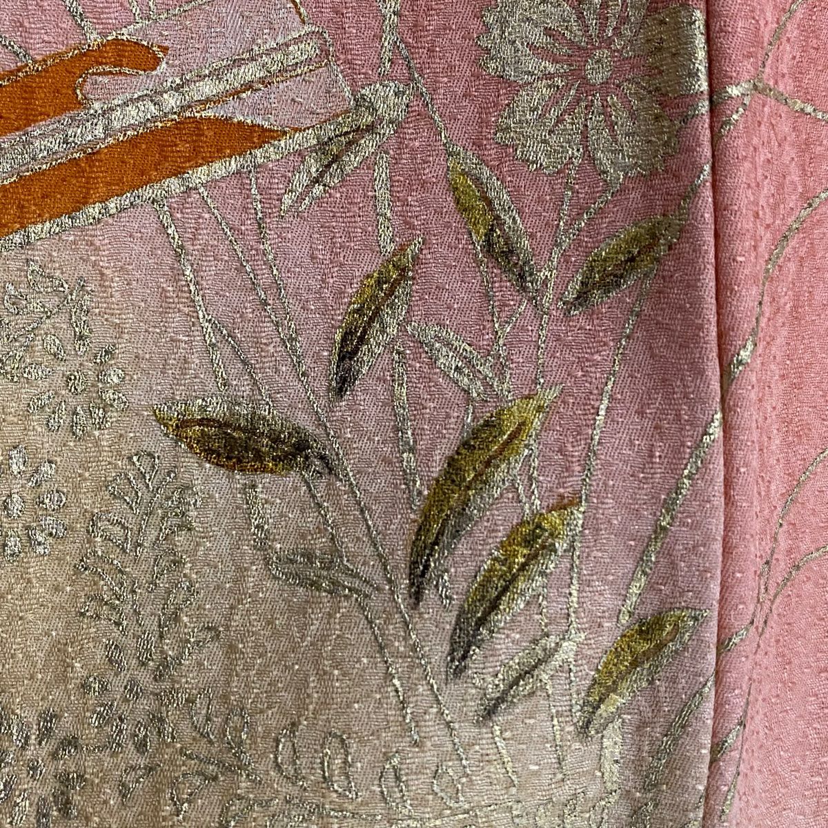 【庫存清倉】訪問服 身長158.5cm 袖長65cm M 雙層 扇子子 草花紋紋 金絲 金銀彩 粉紅 純蠶絲 優品級