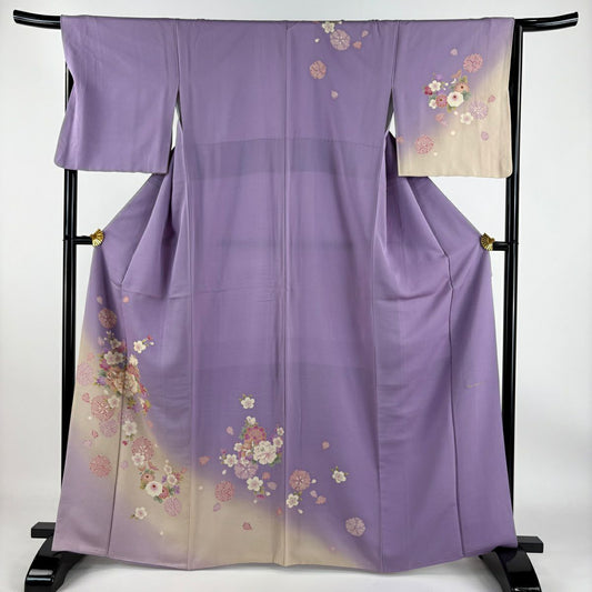 【庫存清倉】 付下 身長164.5cm 袖長66cm M 雙層 Moe Oshikiri 落款 牡丹 櫻花 金絲 漸層 淡紫 純蠶絲 名品級