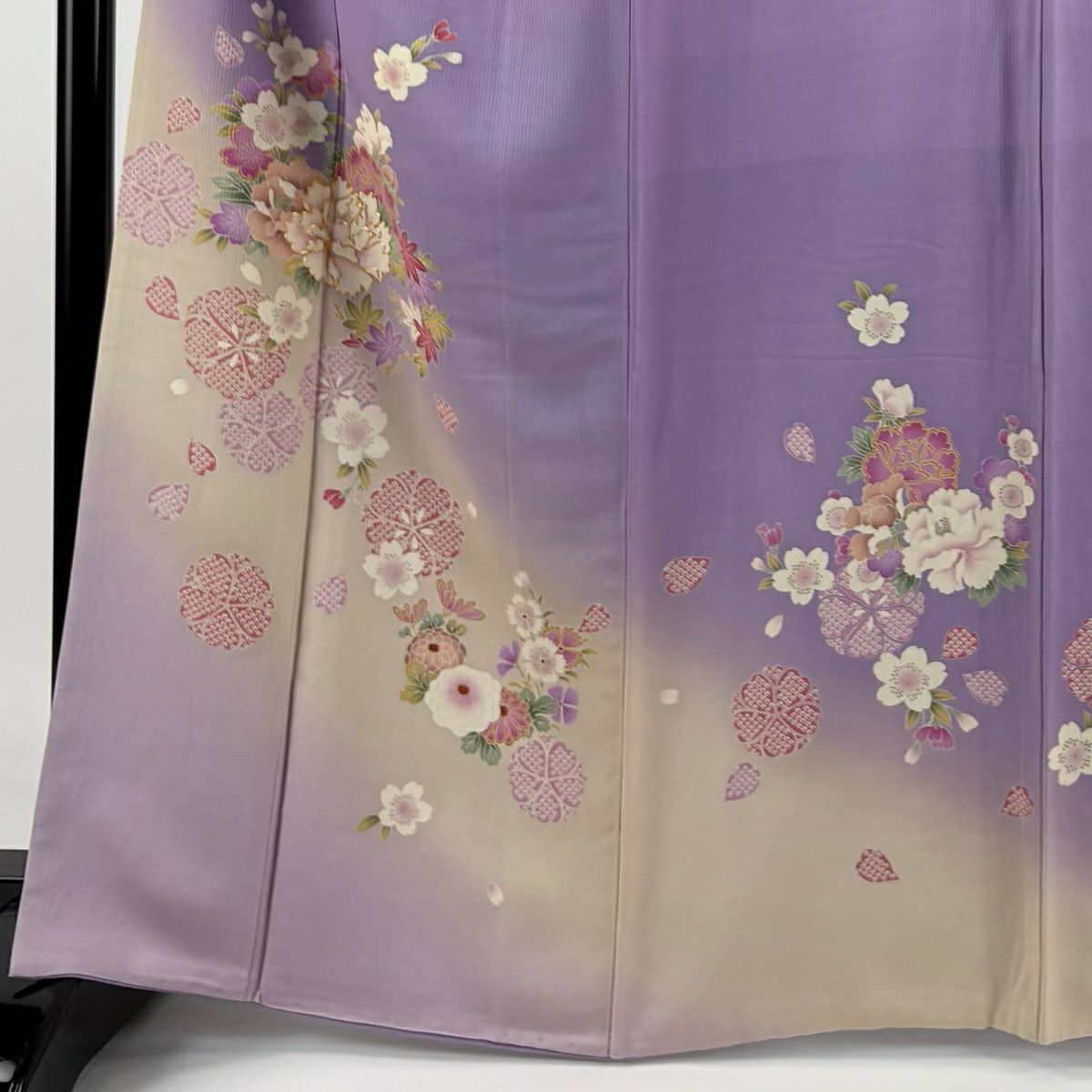 【庫存清倉】 付下 身長164.5cm 袖長66cm M 雙層 Moe Oshikiri 落款 牡丹 櫻花 金絲 漸層 淡紫 純蠶絲 名品級