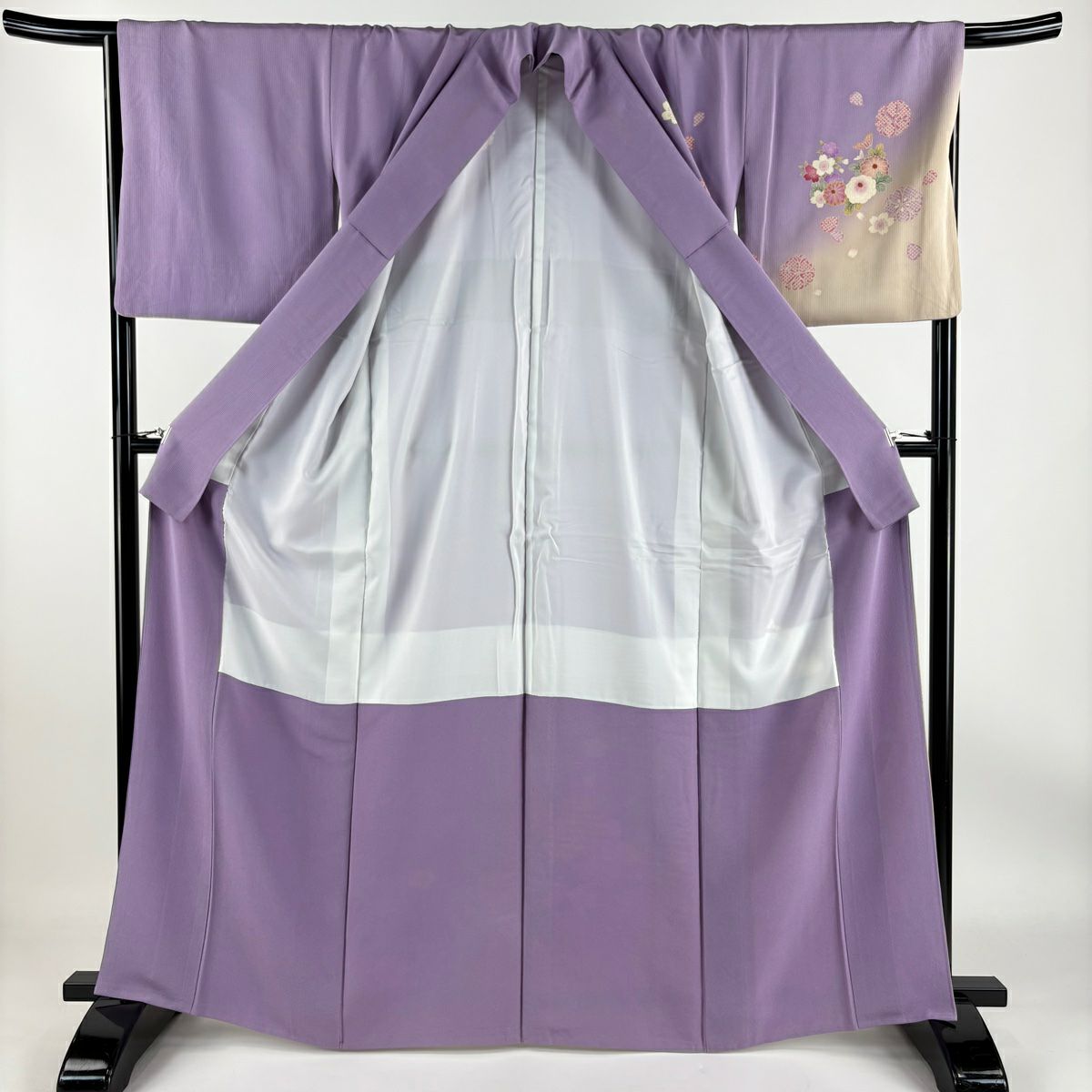 【庫存清倉】 付下 身長164.5cm 袖長66cm M 雙層 Moe Oshikiri 落款 牡丹 櫻花 金絲 漸層 淡紫 純蠶絲 名品級