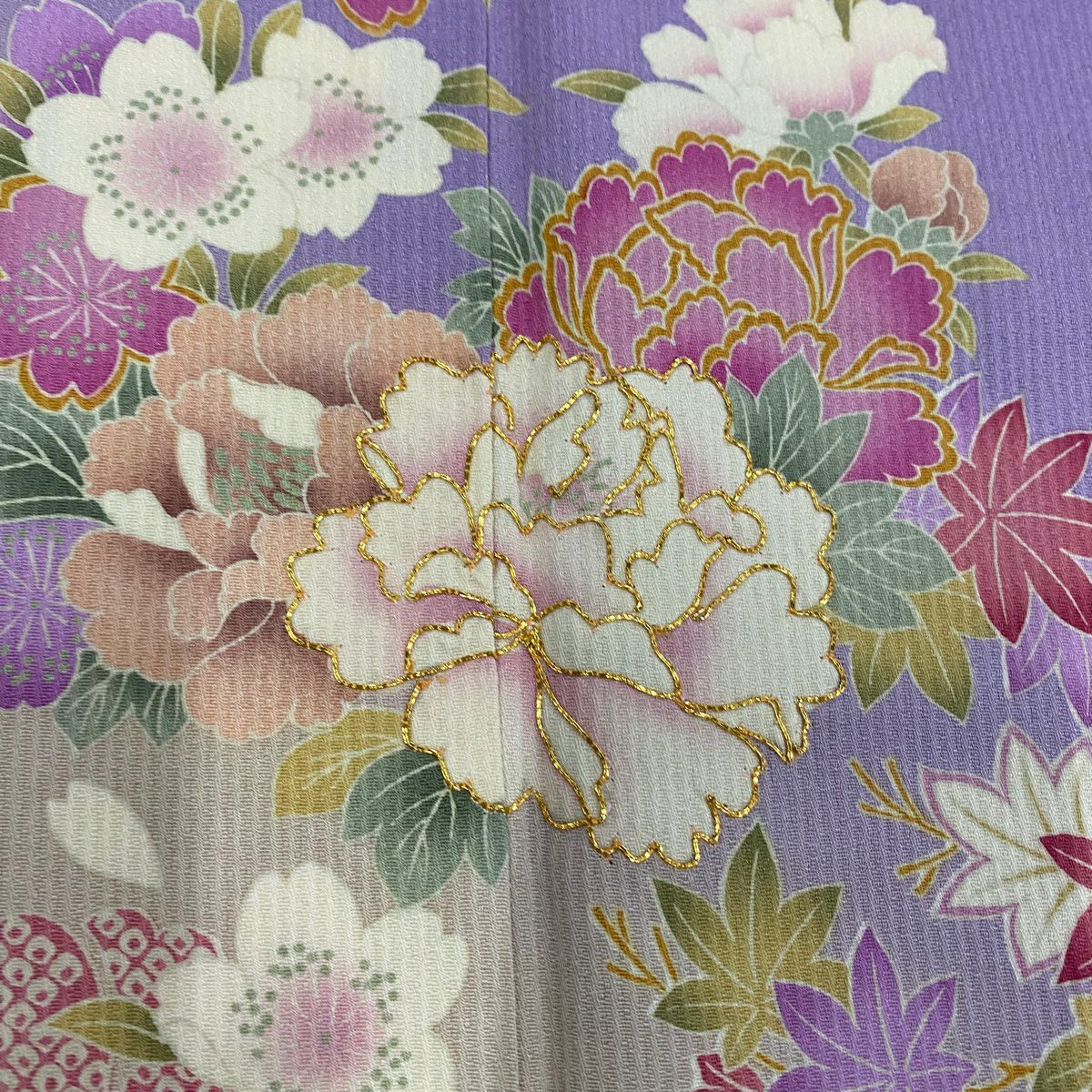 【庫存清倉】 付下 身長164.5cm 袖長66cm M 雙層 Moe Oshikiri 落款 牡丹 櫻花 金絲 漸層 淡紫 純蠶絲 名品級