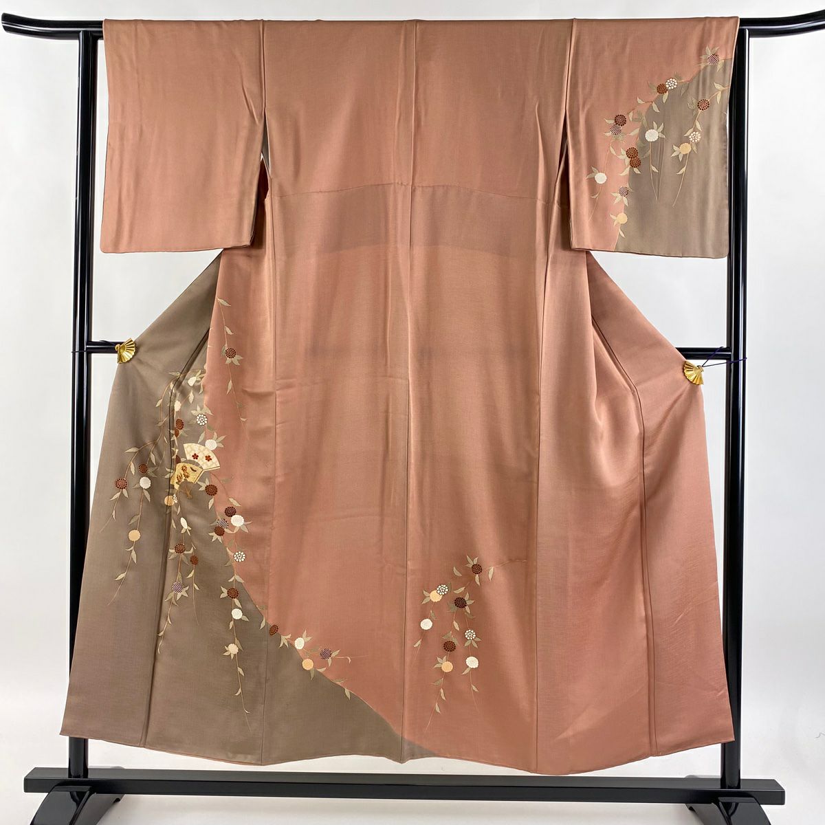 【庫存清倉】訪問服 身長152cm 袖長63cm S 雙層 扇子子 枝花 金絲 金銀彩 小豆 深紅 純蠶絲 優品級