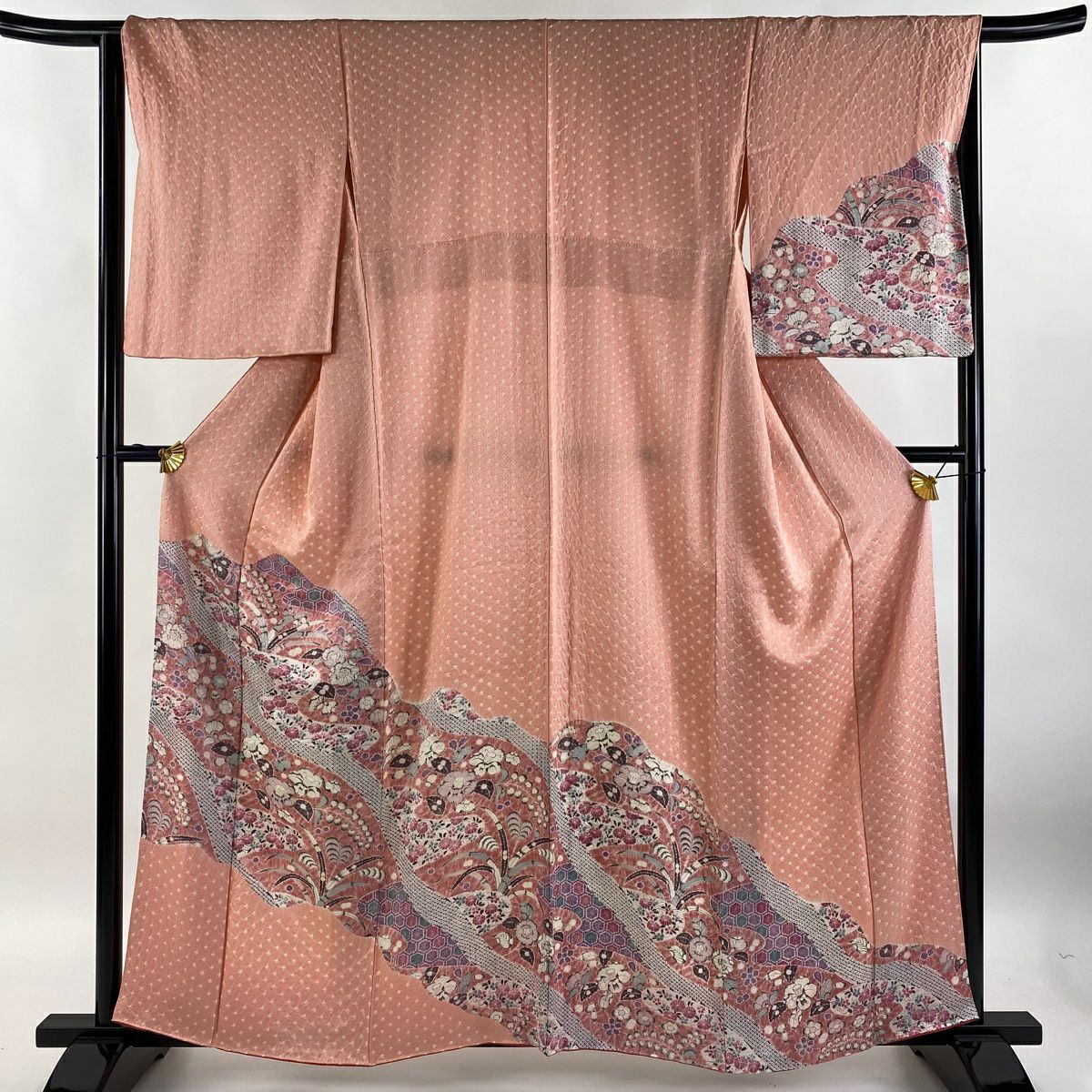 【庫存清倉】訪問服 身長158.5cm 袖長64.5cm M 雙層 草花紋紋 流水 絞染 粉紅 純蠶絲 優品級